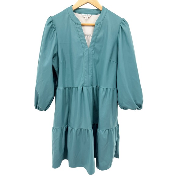 crown & ivy Dresses & Skirts - Crown & Ivy Teal Blue Faux Leather Tiered Babydoll Mini Dress Womens Large